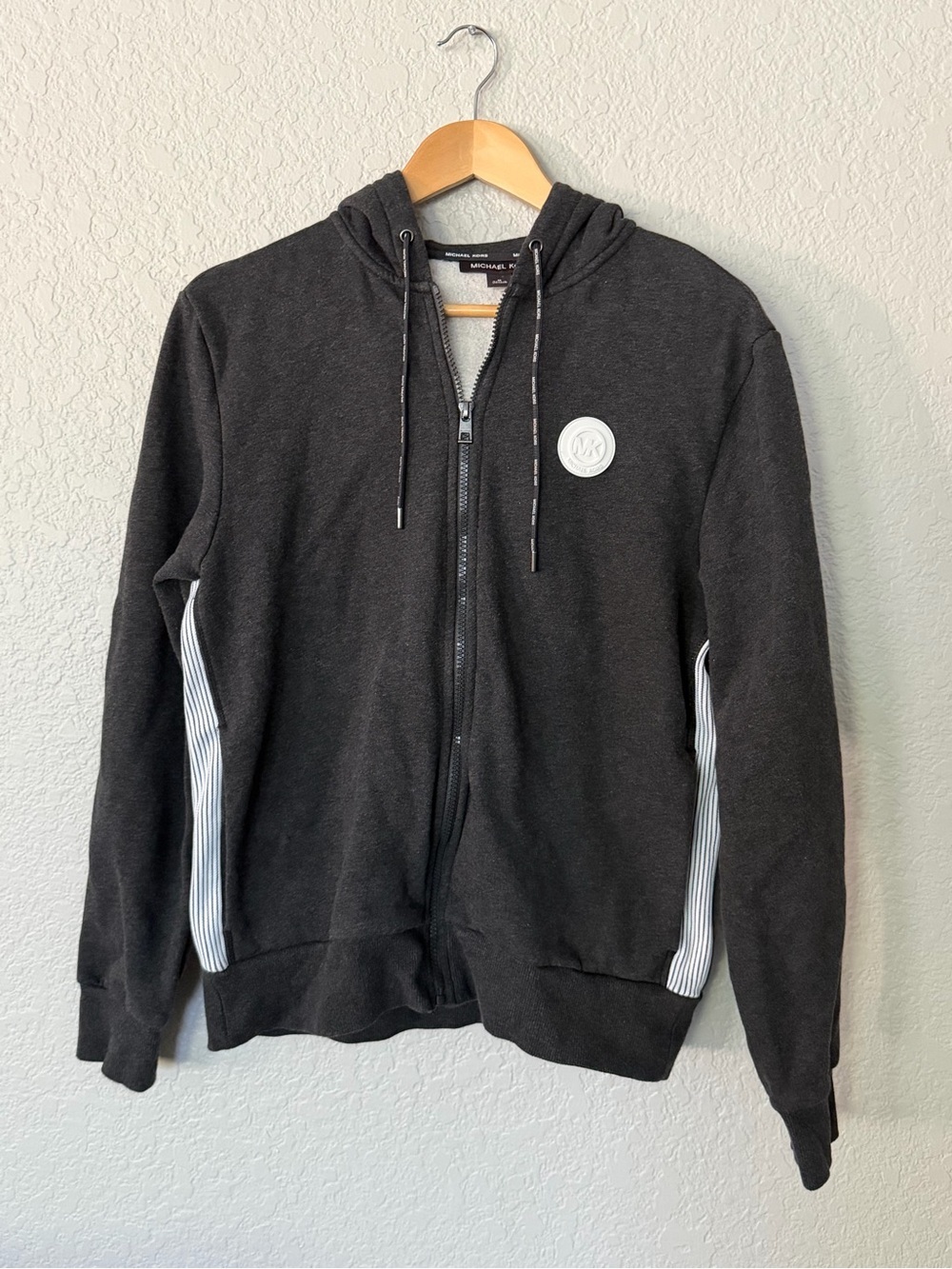 Michael Kors Men’s dark grey Zip-Up Hoodie with White Stripe Side Panels size M